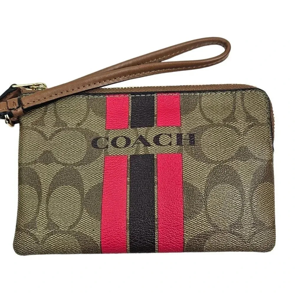 Coach Varsity Large Wristlet Khaki Pink‎ Ruby Stripe Signature C Canvas